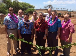 Governor David Ige and state officials untie the maile lei to bless the new Maui Conrac facility, a component of the statewide Modernization Program. From left to right: Representative Justin Woodson; Marvin Moniz, Kahului Airport Manager; Mayor Alan Arakawa; Ross Higashi, HDOT Airports Division Deputy Director; Governor David Ige; Gerry Majkut, President of Hawaiian Dredging Construction Company; Senator Kalani English; Senator Gilbert Keith-Agaran. 