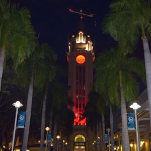 Aloha Tower is illuminated for the 34th Annual National Tourism and Travel Week.