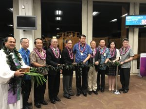 Kahu Kordell Kekoa (left) performed a blessing ceremony with HDOT and China Airlines officials prior to the new Airbus A350 inaugural flight at the Daniel K. Inouye International Airport.