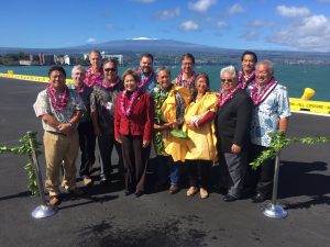 Kahu Danny Akaka Jr. performs a blessing of the Pier 4 cargo wharf project, Pier 1 cargo yard and passenger terminal improvements at Hilo Harbor.