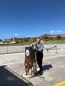 Gov. Ige speaks at the dedication of the Kapolei Interchange Phase 2. Photo courtesy: "HDOT" or "Hawaii Department of Transportation".
