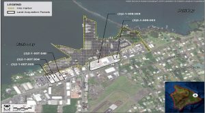The proposed improvements include construction of a dedicated turn lane from Kalanianaʻole Street into Hilo Harbor and construction of stacking lanes for semi-trailers within Hilo Harbor. Acquisition of five properties along Kalanianaʻole Street, as seen in the following image, would be needed for this project.