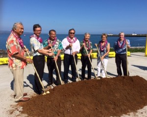 State executives and dignitaries gather to celebrate the groundbreaking of the Pier 4 Inter-Island Cargo Terminal, the final phase of the Pier 4 project at Hilo Harbor. From left to right: Senator Gilbert Kahele; Roy Catalani, Vice President, Young Brothers, Limited; Darrell Young, HDOT Deputy Director Harbors Division; Wil Okabe, Governor David Ige's Representative; Representative Clift Tsuji; Senator Lorraine Inouye; Rick Heltzel, Hawaii Harbors Constructors JV 