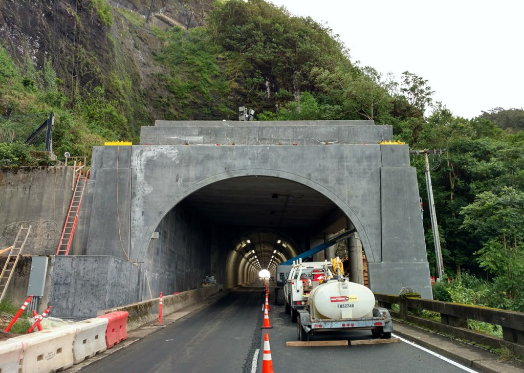 The new rock shed tunnel structure is nearing completion and is located on the Pali Highway in Honolulu-bound direction before the second tunnel and is designed to prevent debris from falling on the roadway. Photo courtesy: “Hawaii Department of Transportation” or “HDOT”