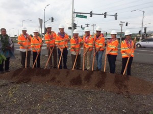 A groundbreaking ceremony was held to celebrate the start of the Queen Kaahumanu Highway Widening, Phase 2 project. From left to right: Kahu Daniel ‘Kaniela’ Akaka Jr.; Ed Sniffen, HDOT Deputy Director of Highways; Cindy Evans, State House of Representatives; Dru Mamo Kanuha, Hawaii County Council Chair; Chad Goodfellow, Goodfellow Bros., Inc. President; Ford Fuchigami, HDOT Director; Steve Goodfellow, Goodfellow Bros., Inc. CEO; Ed Brown, Goodfellow Bros. Inc. Director of Operations; Nicole Lowen, State House of Representatives; Mayela Sosa, Federal Highways Administration Division Administrator.
