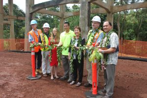 From Left to Right: Hawaiian Dredging President Gerry Majkut, FHWA Project Manager Mike Will, Representative Lauren Matsumoto, HDOT Deputy Director for Highways Ed Sniffen, Senator Michelle Kidani, FHWA Hawaii Federal-Aid Division Administrator Ralph Rizzo, and Kahu Kordell Kekoa prepare to bless the Kipapa Stream Bridge site.