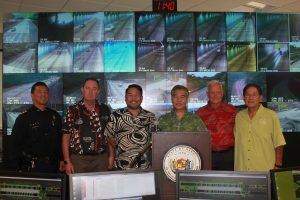 Honolulu Police Department Traffic Division Commander Major Ryan Nishibun; (from left to right) Oahu Transit Services President and General Manager Roger Morton; Honolulu Department of Transportation Services Deputy Director Jon Nouchi; Governor David Y. Ige; Honolulu Mayor Kirk Caldwell; Hawaii Department of Transportation Director Ford Fuchigami, participated in the 2017 Beat the School Jam news conference. Photo courtesy: HDOT
