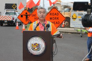 Governor David Ige speaking about the importance of driving safely through work zones so everyone makes it home alive.