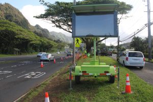 The message board on the Pali Highway near Waokanaka Street is one of the two that will provide travel times for those traveling Kailua bound (the message is not displayed in the photograph). Photo courtesy “HDOT” or “Hawaii Department of Transportation”