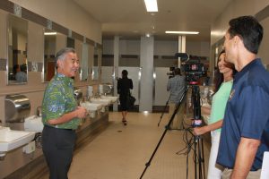 Governor David Ige showed media one of the newly renovated restrooms in the Ewa Concourse at HNL.