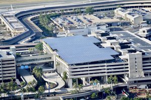 Another aerial view of the solar panels on top of the Terminal 1 parking structure at HNL.