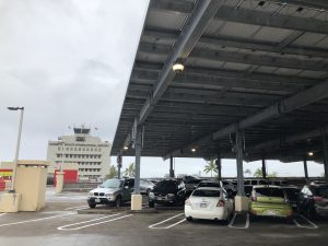 A solar canopy holds nearly 3,000 new solar panels on top of the Terminal 2 parking structure and provides shaded parking for vehicles.