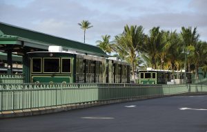 The facility features two free electric trams built on a rail system to provide quick and efficient travel between the airport terminal and rental car counters, which is about half a mile in length. Photo Courtesy: Hawaii Department of Transportation or HDOT