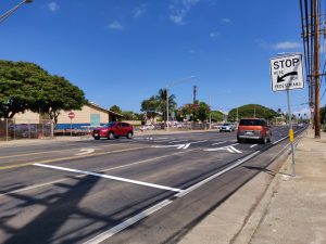 The raised pedestrian crosswalk on Farrington Highway near Waianae High School. Photo courtesy HDOT or Hawaii Department of Transportation.