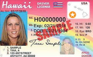 Sample Hawaii driver license with the star in a gold circle for a person over 21 years of age.