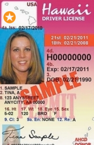 Sample Hawaii driver license with the star in a gold circle for a person under 21 years of age.
