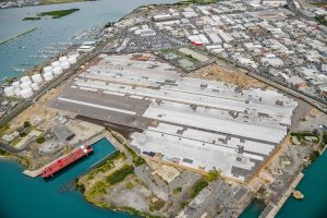 Aerial photograph of the Kapalama Container Terminal project area at Honolulu Harbor. Photo courtesy: “HDOT” or “Hawaii Department of Transportation”