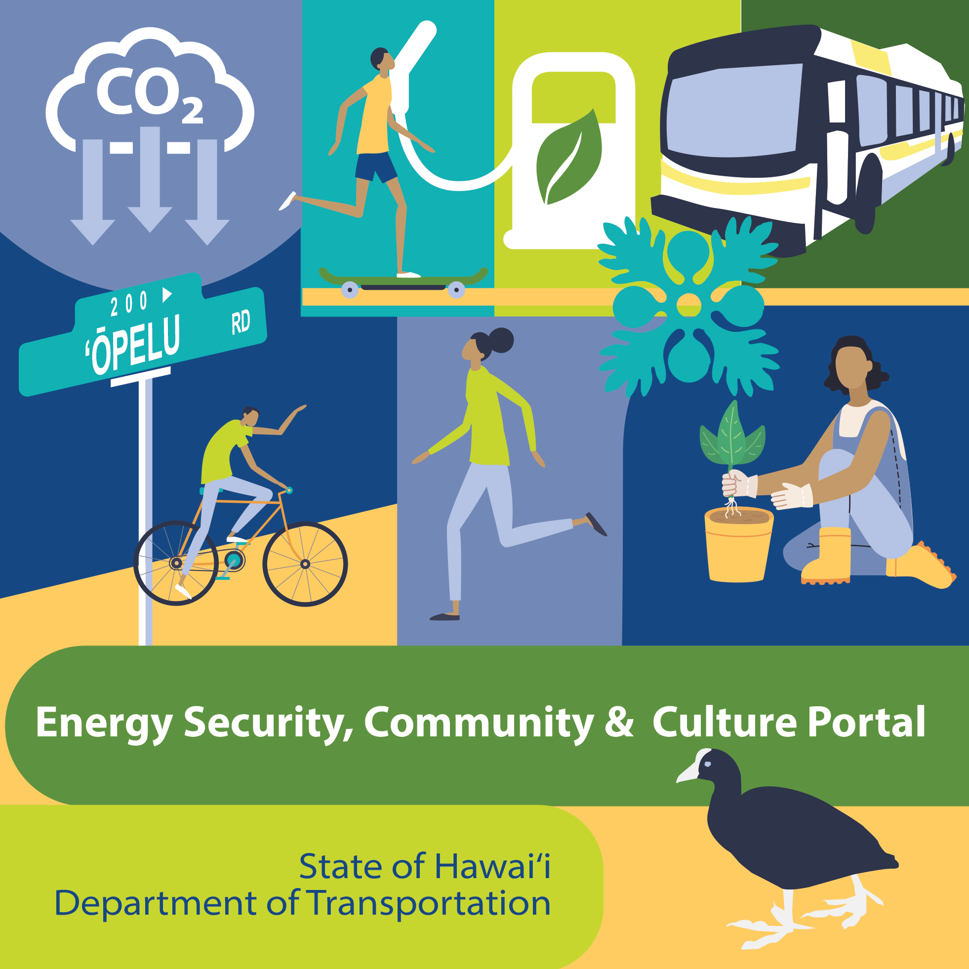 Colorful image showing a person on a bike, at an electric vehicle charger, planting in a pot, and a bus.