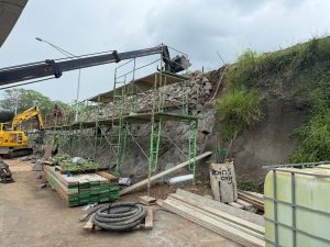 Photo from April 22 showing progress of the glass polymer reinforced wall. The wall at the initial repair site is nearly complete .